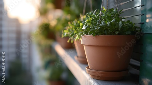 Terracotta pots holding green plants hang by a window. Soft sunlight enhances their beauty, signifying tranquility, home gardening, and natural decoration.