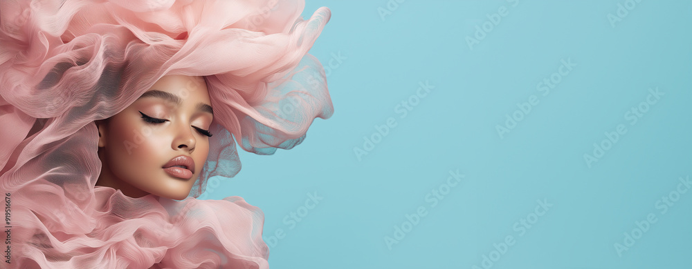 Bellissima modella con un velo rosa come acconciatura su uno sfondo azzurro Bellissima modella con un velo rosa come acconciatura su uno sfondo azzurro
