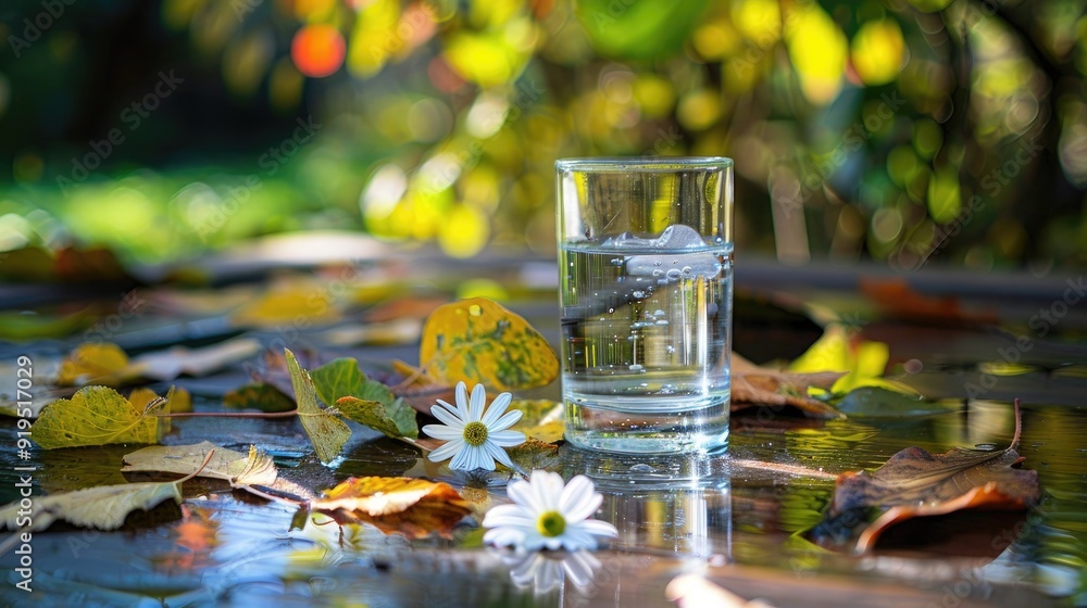 Naklejka premium Glass of water on a wooden surface with fallen leaves and white flowers.