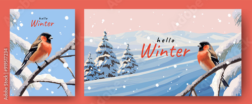 Set with beautiful hello Winter poster, greeting card, cover with bullfinch on tree branch against the snow-capped mountains and sunny winter forest with snowfall. Trendy vintage Xmas design template