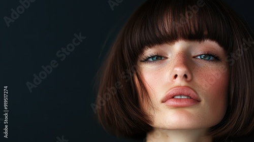 A close-up portrait of a young woman with short dark hair, showcasing her elegant and stylish appearance, exuding confidence and a sense of calm against a dark background.