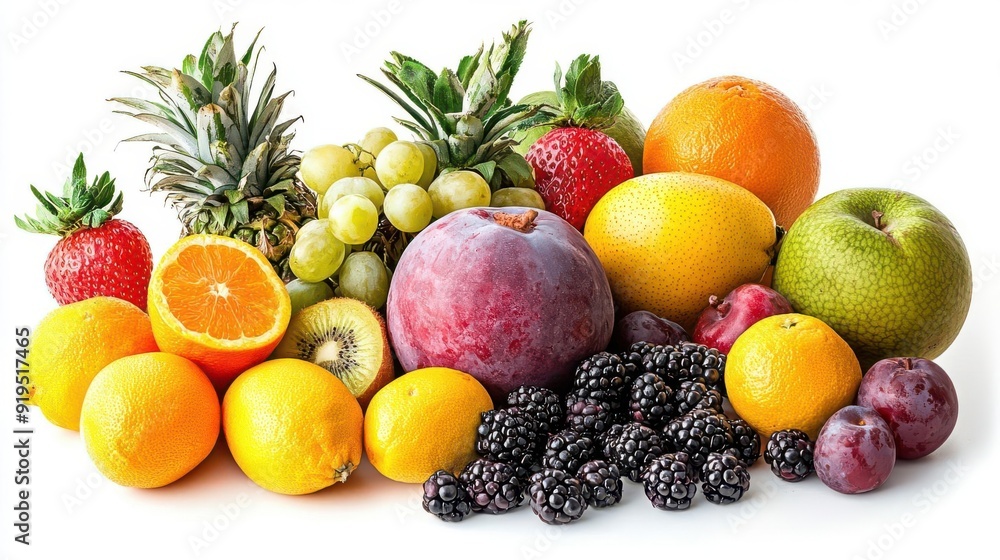 Tropical fruits in a colorful arrangement isolated on white background Tropical fruits in a colorful arrangement isolated on white background