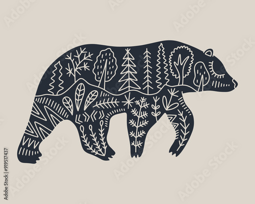 Bear folk graphic collage applicable label element in line monochrome style with ornate flower decoration symbols, floral pattern. Nature logo, textile t-shirt print and more. Mascot shamanic