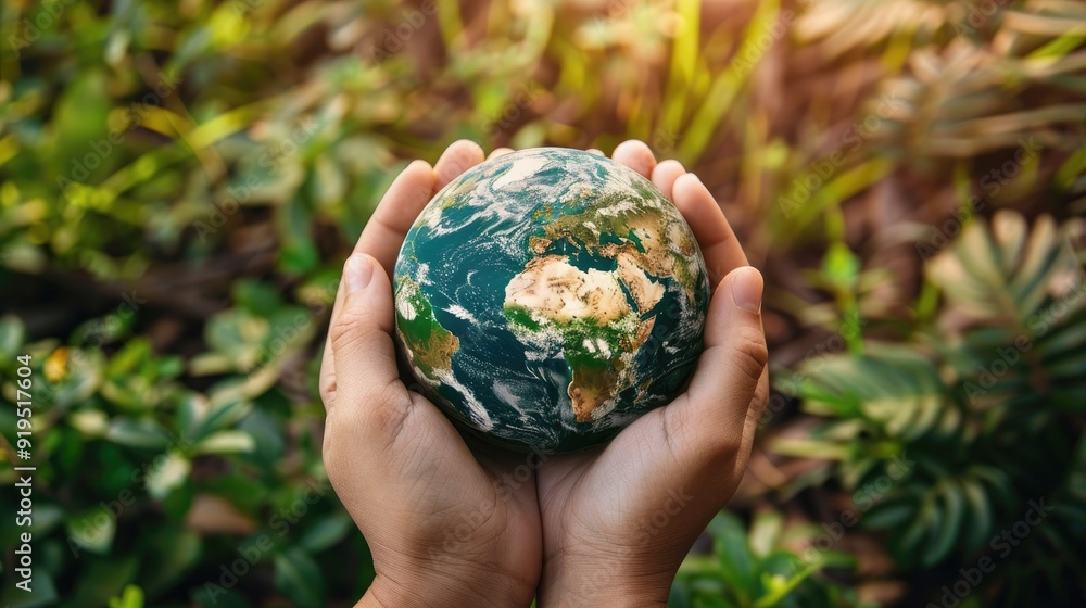 Hands holding a small globe with continents visible against a blurred background of green leaves. Hands holding a small globe with continents visible against a blurred background of green leaves.