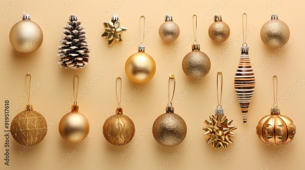 Festive Christmas decorations set against a pale yellow backdrop Festive Christmas decorations set against a pale yellow backdrop