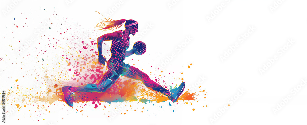 illustration of a running basketball player woman in action on white background. Bright colorful halftone dots and watercolor background. Basketball action female woman player. illustration of a running basketball player woman in action on white background. Bright colorful halftone dots and watercolor background. Basketball action female woman player.