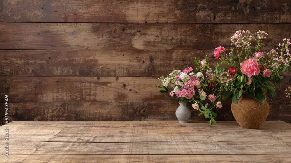 Flower decoration on wood table and wall Flower decoration on wood table and wall