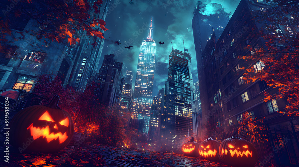 Fototapeta premium A Halloween night scene featuring a forest and city with a fiery, animated bonfire burning brightly against a dark sky