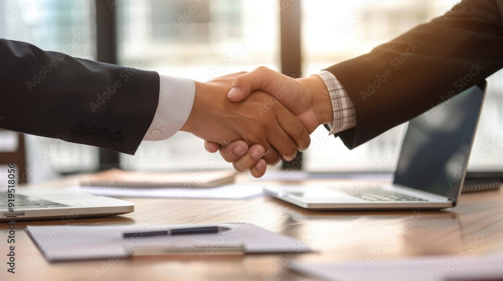 Two businesspeople shake hands in a meeting, with a laptop on the table. Two businesspeople shake hands in a meeting, with a laptop on the table.
