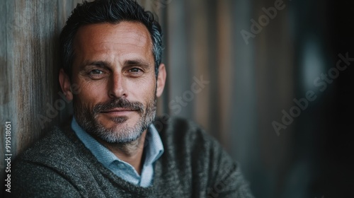 A sophisticated elderly man with gray hair, leaning nonchalantly against a wooden wall, dressed in a green sweater and exuding a calm and reflective demeanor.