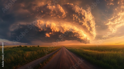 A Country Road Leading Towards a Dramatic Stormy Sunset Sky