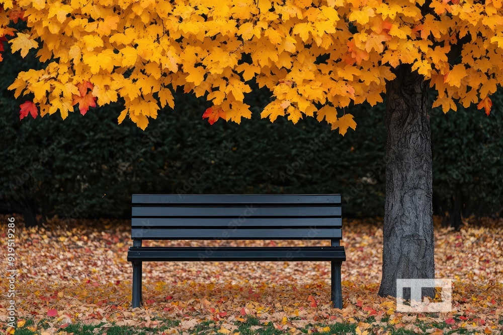 A lone bench under a large tree with colorful autumn leaves, surrounded by the stillness of a serene fall day, Fall, autumn solitude A lone bench under a large tree with colorful autumn leaves, surrounded by the stillness of a serene fall day, Fall, autumn solitude