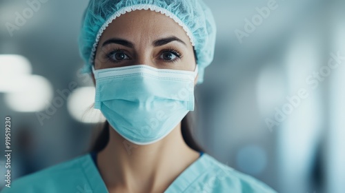 A female healthcare worker wearing scrubs and a protective mask and head cover, with a serious and determined expression, depicted in a clinical setting. photo