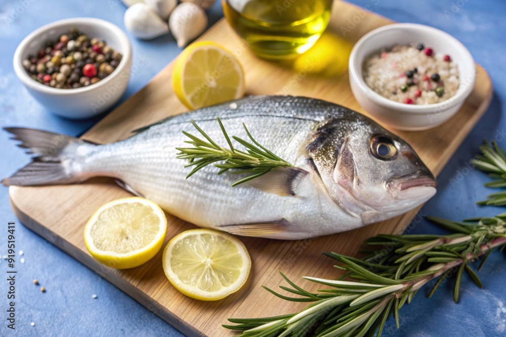 Delicious and healthy fish. Raw dorado with lemon and ingredients on a dark background. Banner, menu, place for recipe text, top view. Delicious and healthy fish. Raw dorado with lemon and ingredients on a dark background. Banner, menu, place for recipe text, top view.