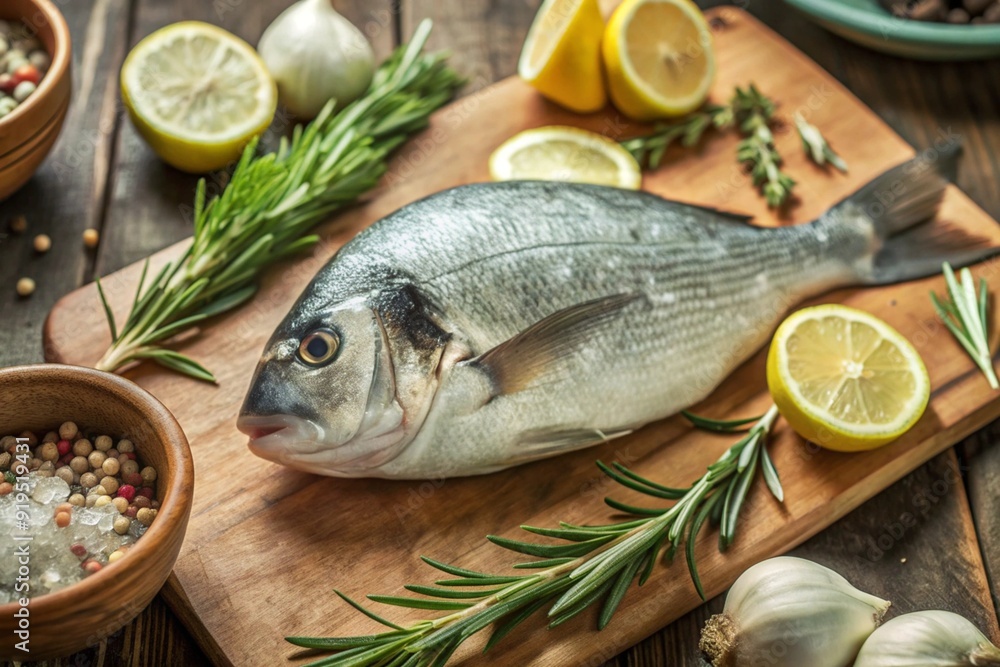 Delicious and healthy fish. Raw dorado with lemon and ingredients on a dark background. Banner, menu, place for recipe text, top view. Delicious and healthy fish. Raw dorado with lemon and ingredients on a dark background. Banner, menu, place for recipe text, top view.