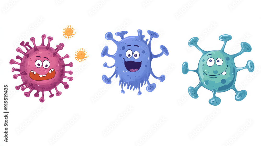 Set of cute funny character of virus, bacteria. Cartoon character illustration Isolated on white background Set of cute funny character of virus, bacteria. Cartoon character illustration Isolated on white background