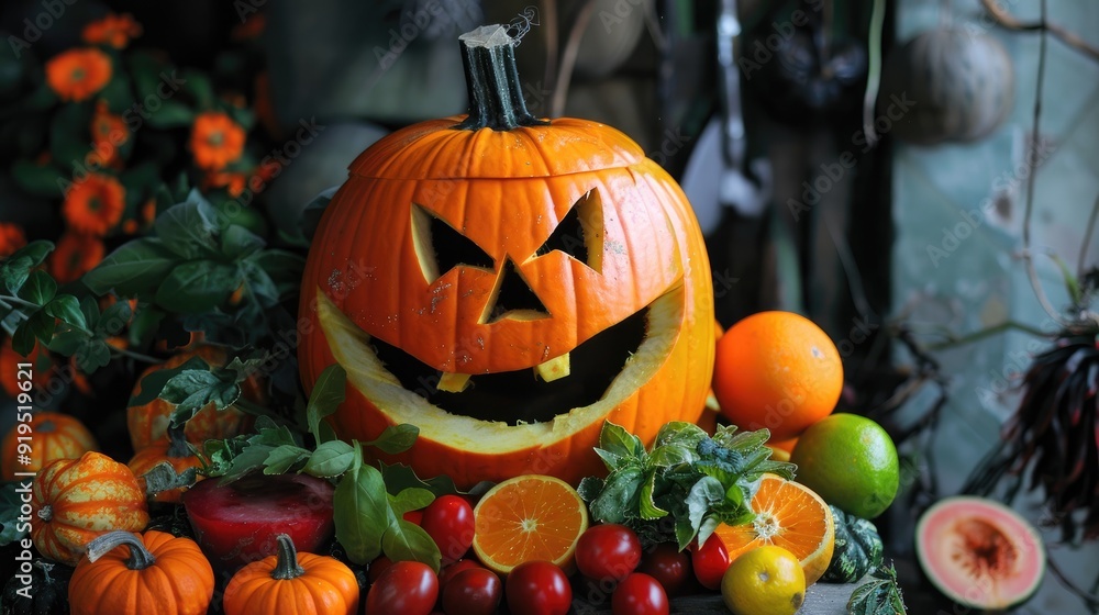 Halloween pumpkin displays orange fruits and vegetables Halloween pumpkin displays orange fruits and vegetables