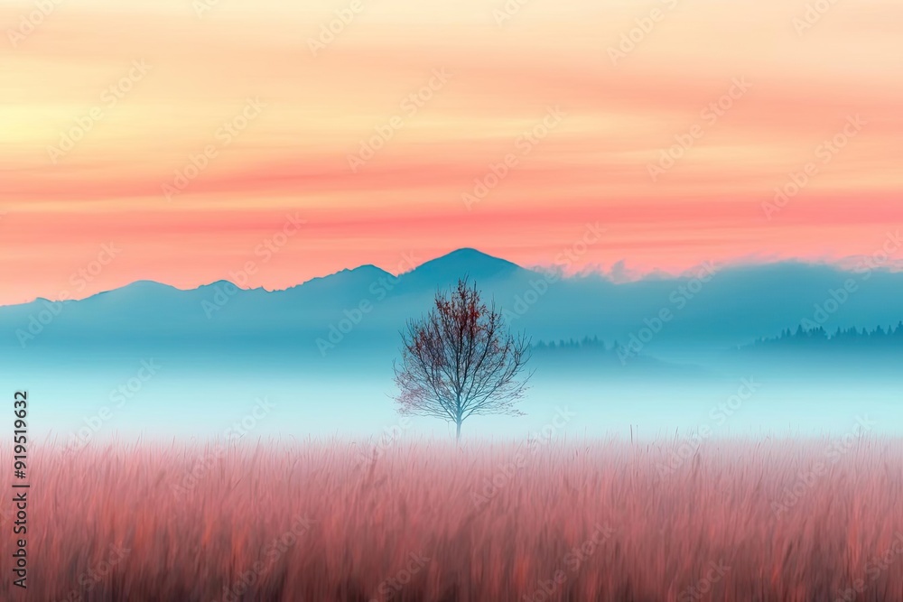 A misty meadow at sunrise, with soft rays of light piercing through the autumn fog, creating a serene and dreamy landscape, Fall, autumn calm A misty meadow at sunrise, with soft rays of light piercing through the autumn fog, creating a serene and dreamy landscape, Fall, autumn calm