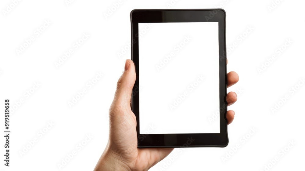 Hand holding tablet with empty screen on white backdrop Hand holding tablet with empty screen on white backdrop