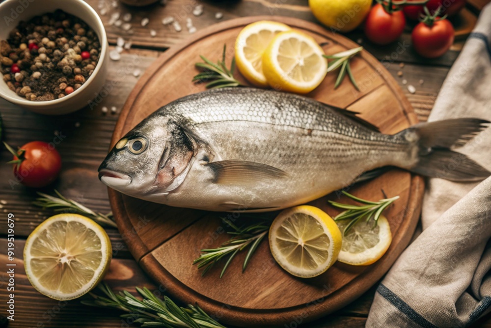 Delicious and healthy fish. Raw dorado with lemon and ingredients on a dark background. Banner, menu, place for recipe text, top view. Delicious and healthy fish. Raw dorado with lemon and ingredients on a dark background. Banner, menu, place for recipe text, top view.