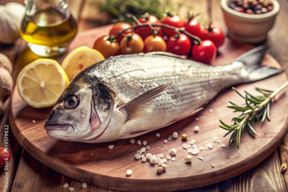 Delicious and healthy fish. Raw dorado with lemon and ingredients on a dark background. Banner, menu, place for recipe text, top view. Delicious and healthy fish. Raw dorado with lemon and ingredients on a dark background. Banner, menu, place for recipe text, top view.