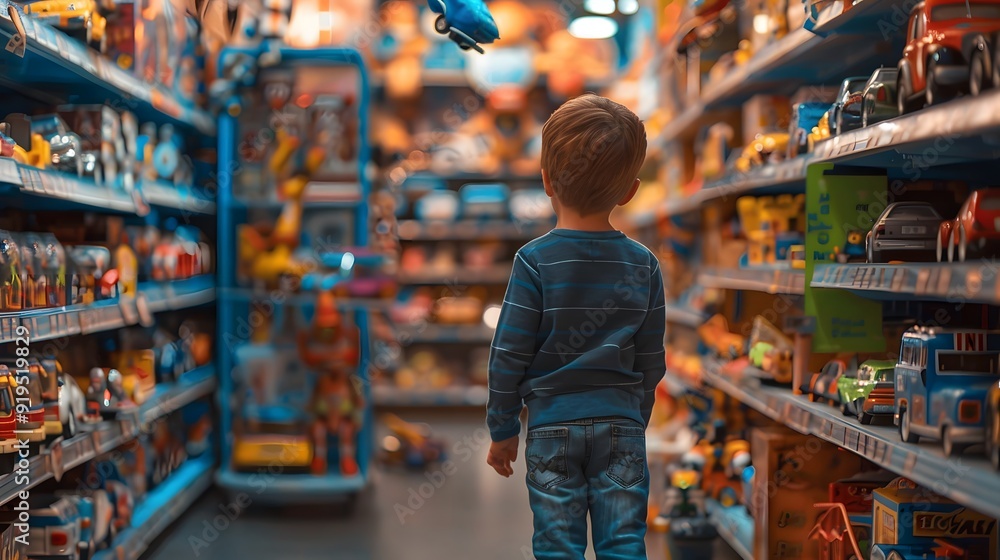 Child in a toy store aisle, gazing at shelves lined with colorful toy cars and vehicles, in a captivating shopping environment. Child in a toy store aisle, gazing at shelves lined with colorful toy cars and vehicles, in a captivating shopping environment.