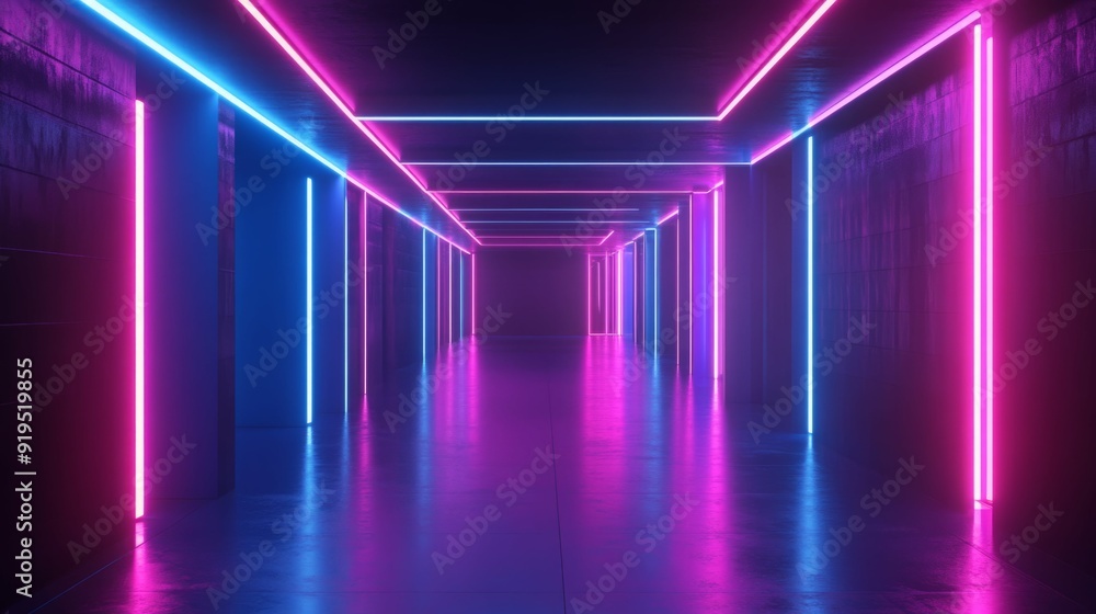 3d render of futuristic corridor with neon glowing lights, in blue and pink colors 3d render of futuristic corridor with neon glowing lights, in blue and pink colors