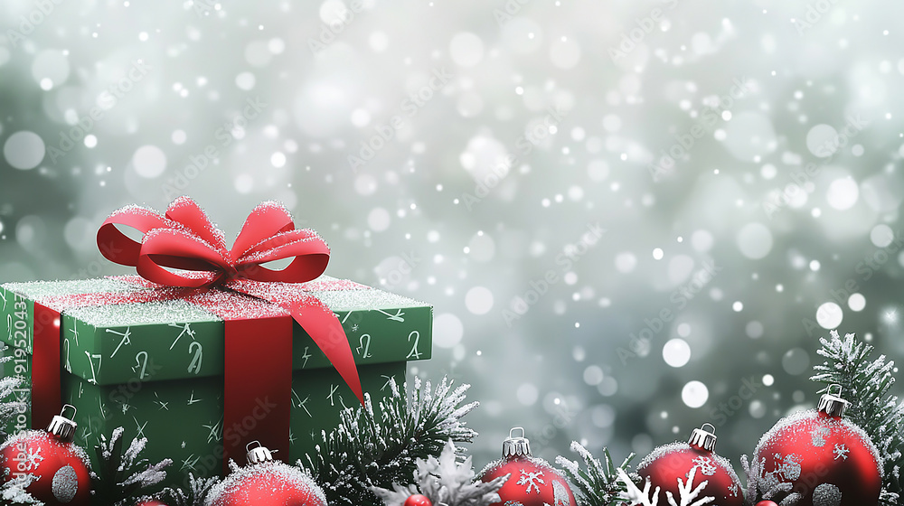 Christmas background with green gift box red ribbon, white snowflakes and red ornaments on the bottom, creating an elegant festive atmosphere. Christmas background with green gift box red ribbon, white snowflakes and red ornaments on the bottom, creating an elegant festive atmosphere.