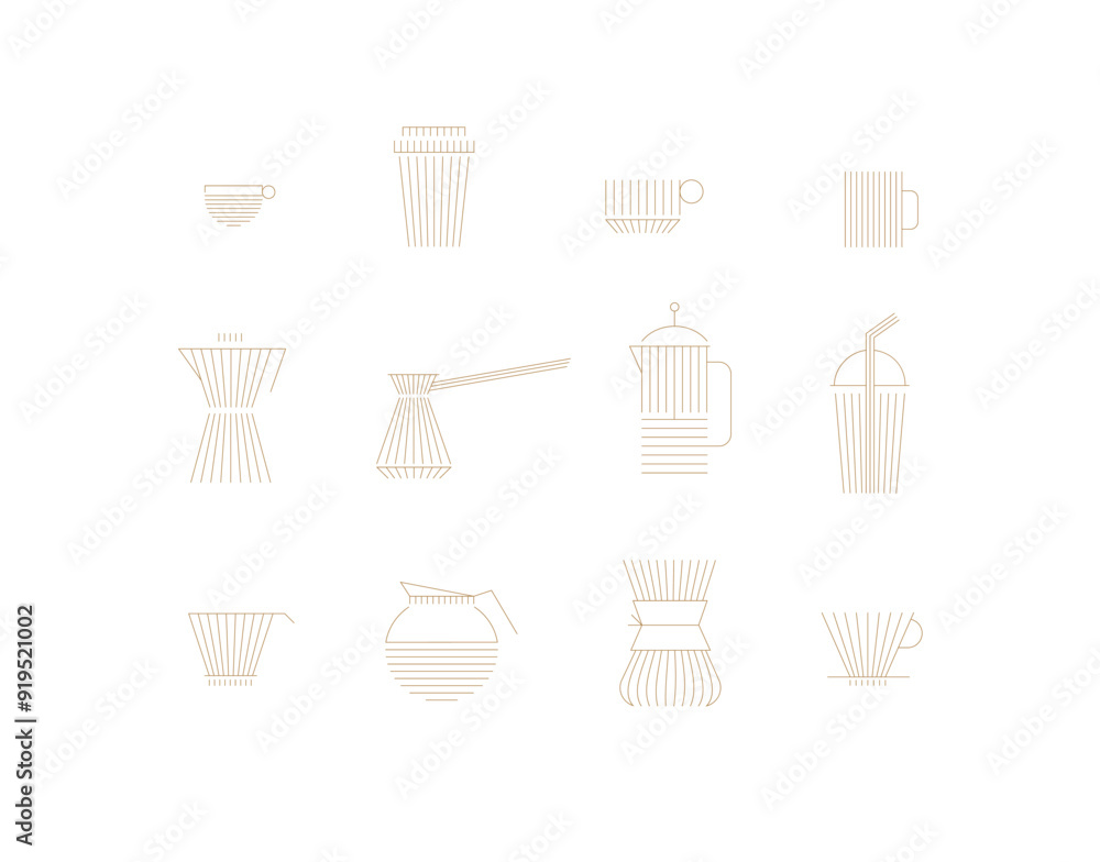 Coffee linear icon set cup, glass, french press, maker, filter, drip, turk, pot drawn with flat beige lines on white background