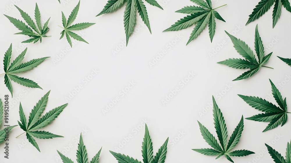 Marijuana leaves on a white background, close up top view on cannabis leaves and branches on white background for alternative medical and marketing design concept Marijuana leaves on a white background, close up top view on cannabis leaves and branches on white background for alternative medical and marketing design concept