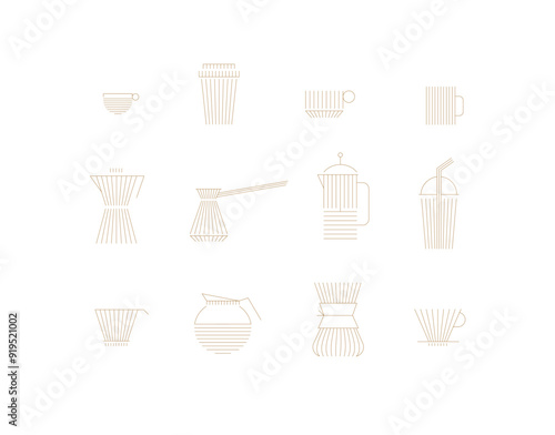 Obraz na płótnie Coffee linear icon set cup, glass, french press, maker, filter, drip, turk, pot drawn with flat beige lines on white background w salonie