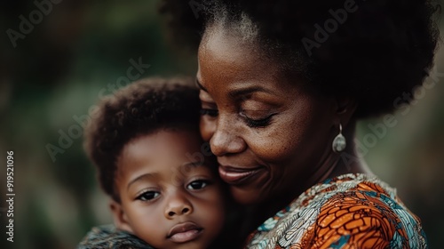 An elderly woman holding a young child in a tender, affectionate embrace outdoors, both sharing a smile. The scene is filled with warmth, love, and intergenerational connection. photo