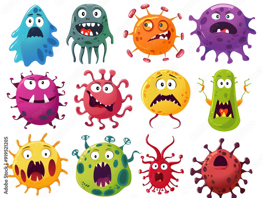 Set of cute funny character of virus, bacteria. Cartoon character illustration Isolated on white background Set of cute funny character of virus, bacteria. Cartoon character illustration Isolated on white background