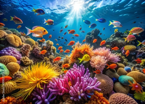 Vibrant schools of fish dart through a kaleidoscope of colorful coral, sea anemones, and sea fans in a thriving, sun-drenched reef ecosystem.