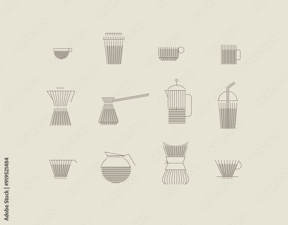 Coffee linear icon set cup, glass, french press, maker, filter, drip, turk, pot drawn with brown flat lines on beige background