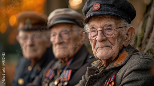 group of old veterans in military uniform with medals standing proudly. Veterans day ceremony concept