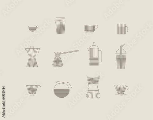 Obraz na płótnie Coffee linear icon set cup, glass, french press, maker, filter, drip, turk, pot drawn with brown flat lines on beige background w salonie