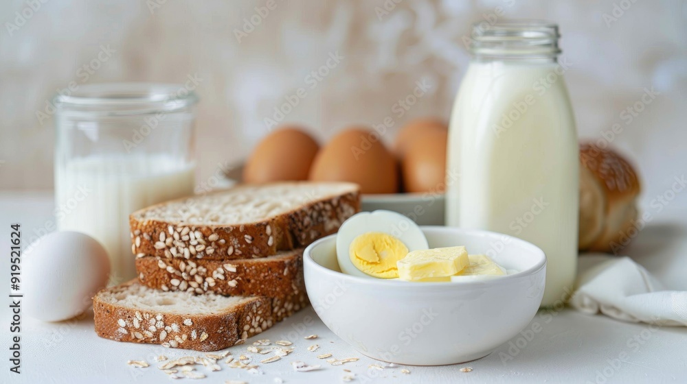 Modern breakfast with boiled eggs butter bread milk on a white surface Modern breakfast with boiled eggs butter bread milk on a white surface