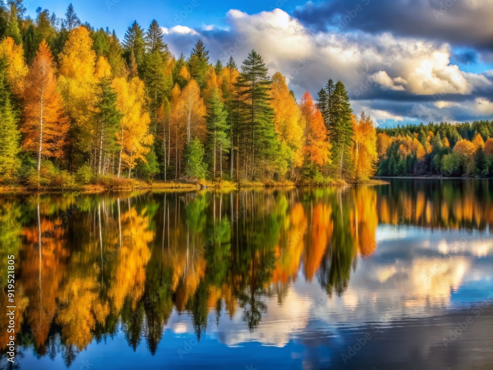 Serene Finnish lake mirrors the majestic beauty of surrounding forest, capturing the perfect reflection of towering trees and vibrant autumn foliage in its calm waters. Serene Finnish lake mirrors the majestic beauty of surrounding forest, capturing the perfect reflection of towering trees and vibrant autumn foliage in its calm waters.