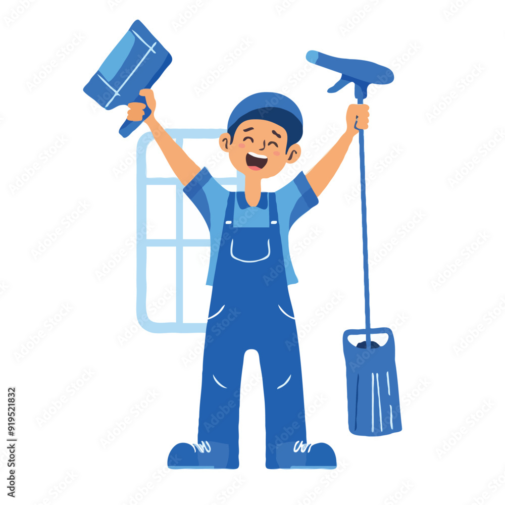 A simple flat illustration of an happy japanese man wearing blue uniform and cap, holding cleaning tool like sugs up high in the air , Minimalist style on white background with bright colors