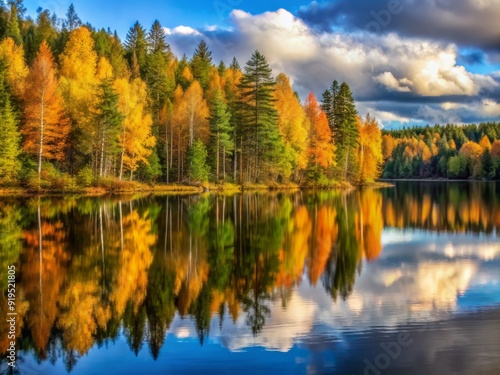 Serene Finnish lake mirrors the majestic beauty of surrounding forest, capturing the perfect reflection of towering trees and vibrant autumn foliage in its calm waters.