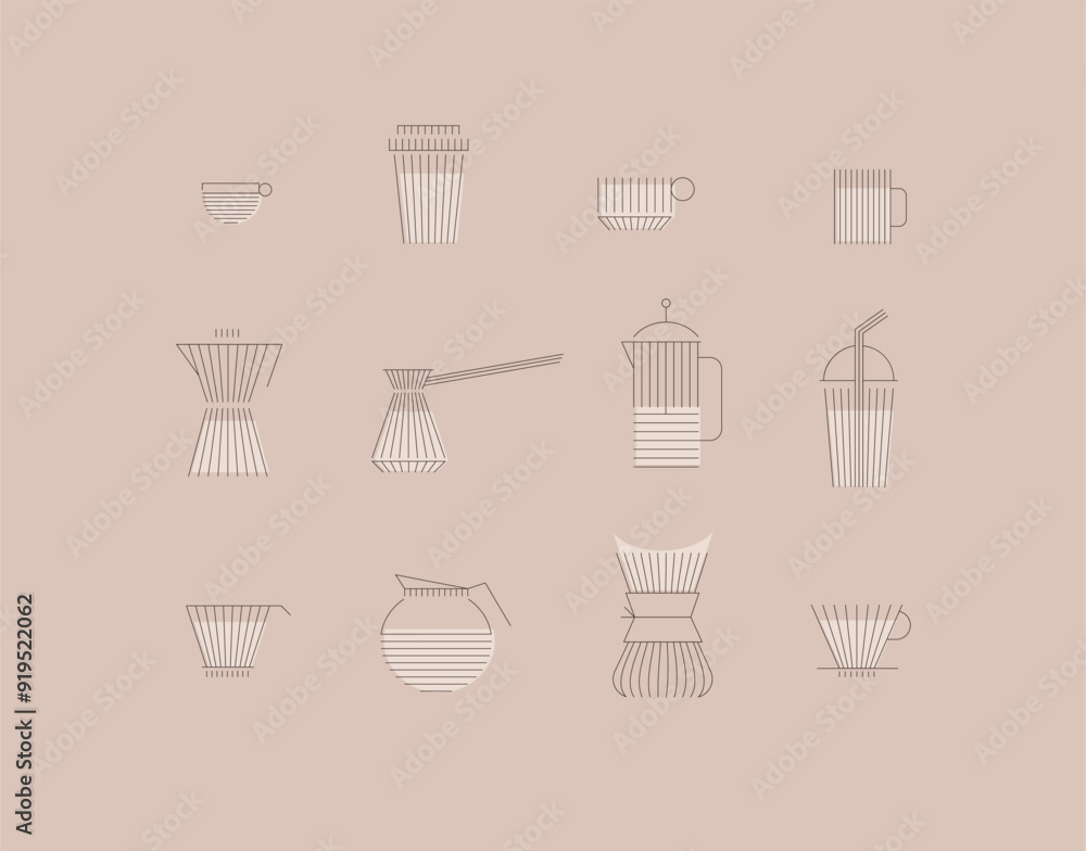 Coffee linear icon set cup, glass, french press, maker, filter, drip, turk, pot drawn with brown flat lines on peach color background