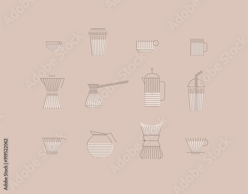 Obraz na płótnie Coffee linear icon set cup, glass, french press, maker, filter, drip, turk, pot drawn with brown flat lines on peach color background w salonie