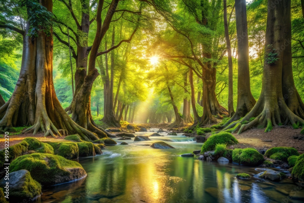 Obraz premium Majestic trees surround a subtle forest stream, symbolizing the harmony between nature and financial growth in a serene and sustainable ecological environment.