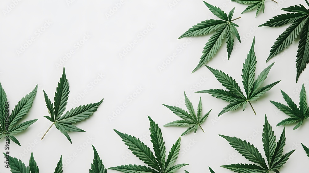 Marijuana leaves on a white background, close up top view on cannabis leaves and branches on white background for alternative medical and marketing design concept Marijuana leaves on a white background, close up top view on cannabis leaves and branches on white background for alternative medical and marketing design concept