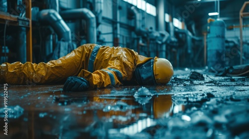 A hazmat suit lies on the ground in a damaged factory. The scene suggests a potential accident, highlighting the dangers of industrial environments.