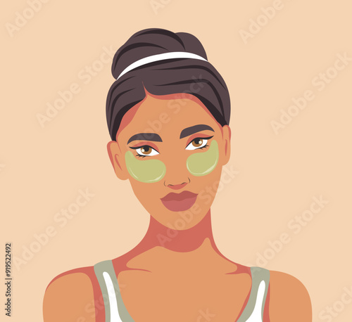 A beautiful woman takes care of her facial skin. Facial skin care, girl with patches on face for swelling. Vector flat illustration for advertising, website, banner, posters, cover