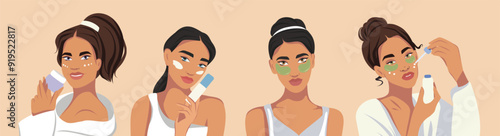 Different beautiful women take care of their skin. Advertising of facial care cosmetics, cream, mask, serum, patches. Vector illustration on the theme of beauty for a website, banner