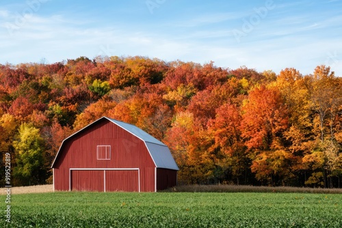 A rural landscape with a rustic barn, surrounded by trees in vibrant autumn colors, under the soft glow of the early fall sun, First Day of Fall, autumn rural scene