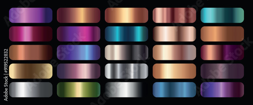 Metallic glossy gradients set. Collection of multicolored metallic gradients.